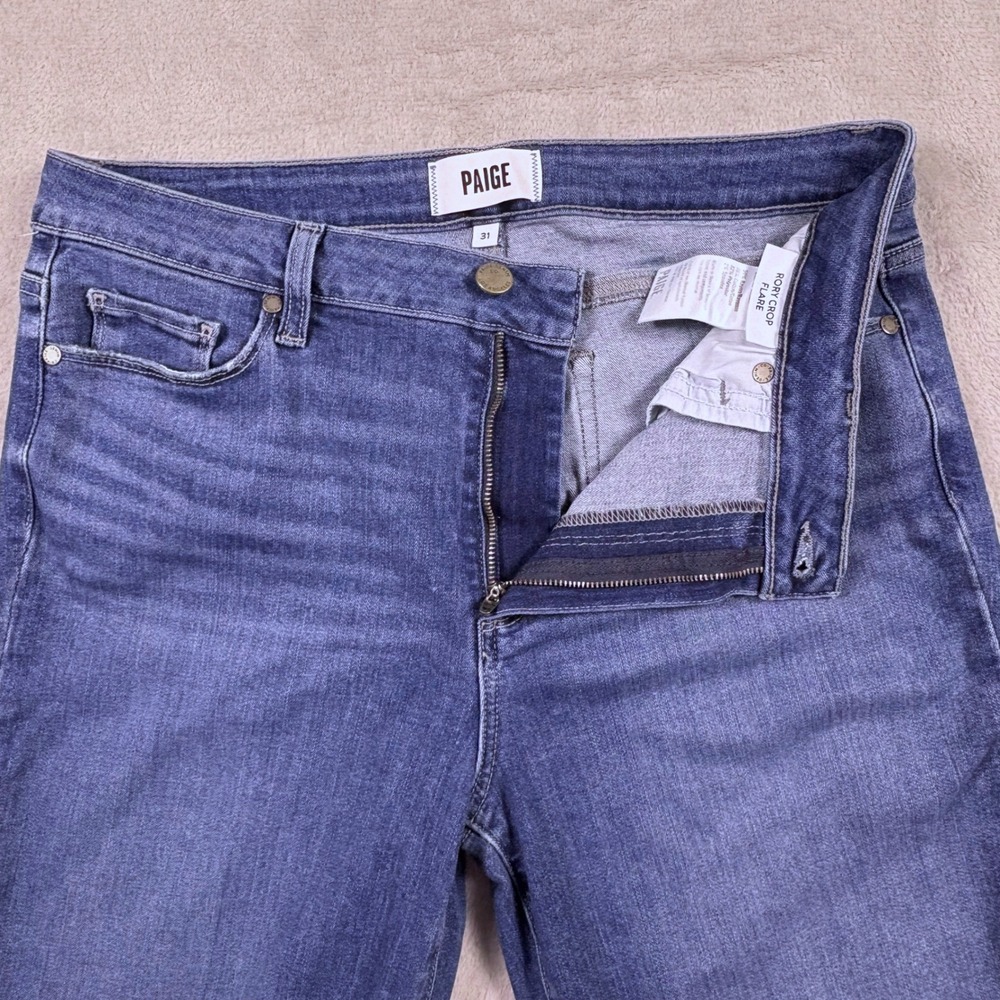 PAIGE Rory Crop Flare Jeans Blue‎ Distressed Raw Hem Size 31 (Msr 32x25) - Picture 7 of 15